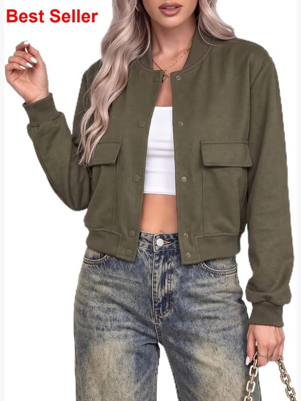 Women Bomber Jacket Casual Button Down Varsity with Pockets Outwear Lightweight